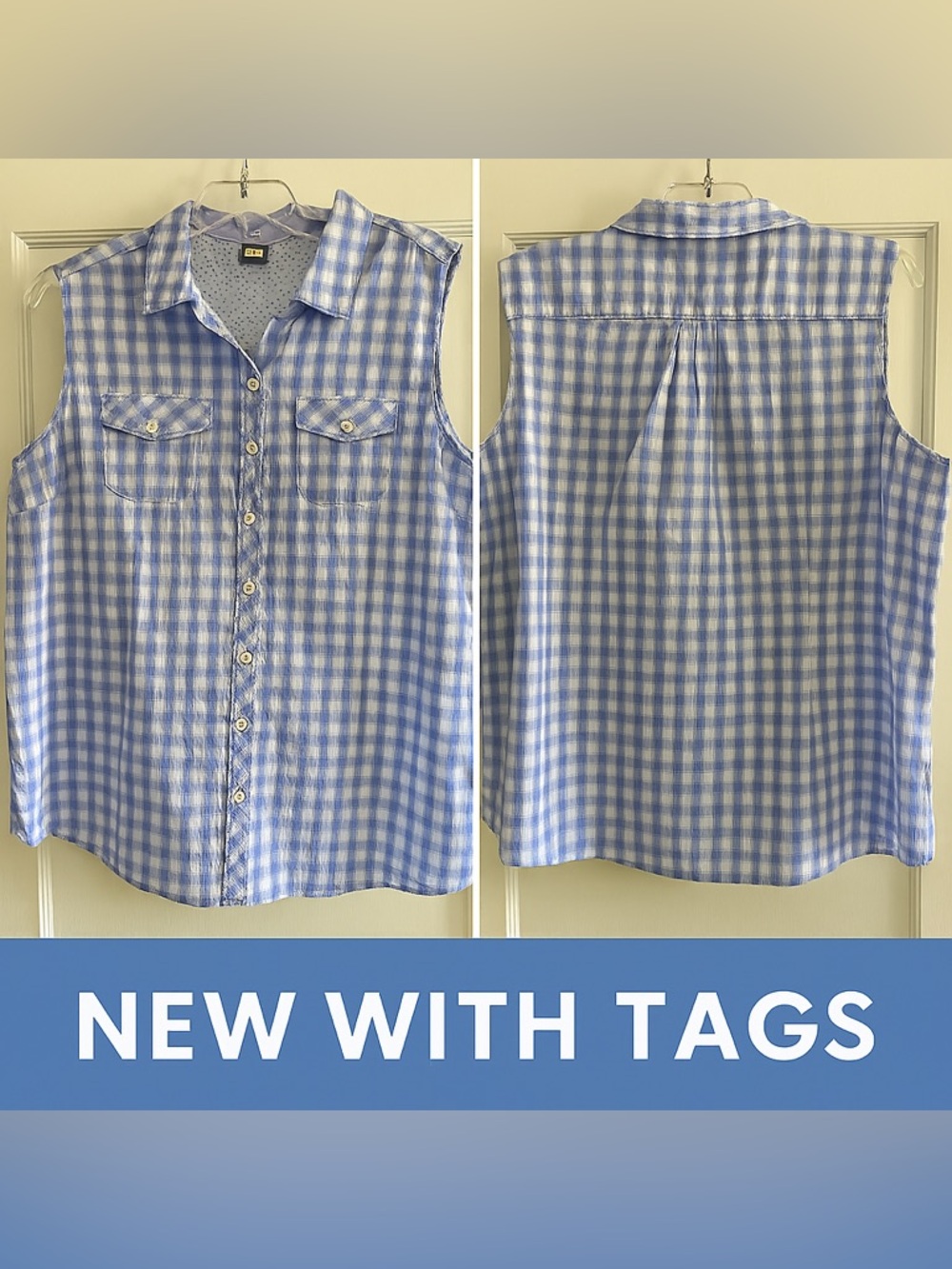 Eddie Bauer Travex Women’s Sleeveless Button‑Down Shirt Blue Gingham